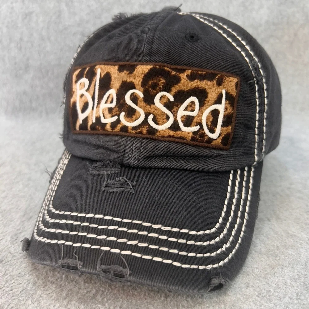 Blessed Leopard Patch Womens Black KBETHOS Vintage Baseball Hat‎ Distressed OSFM